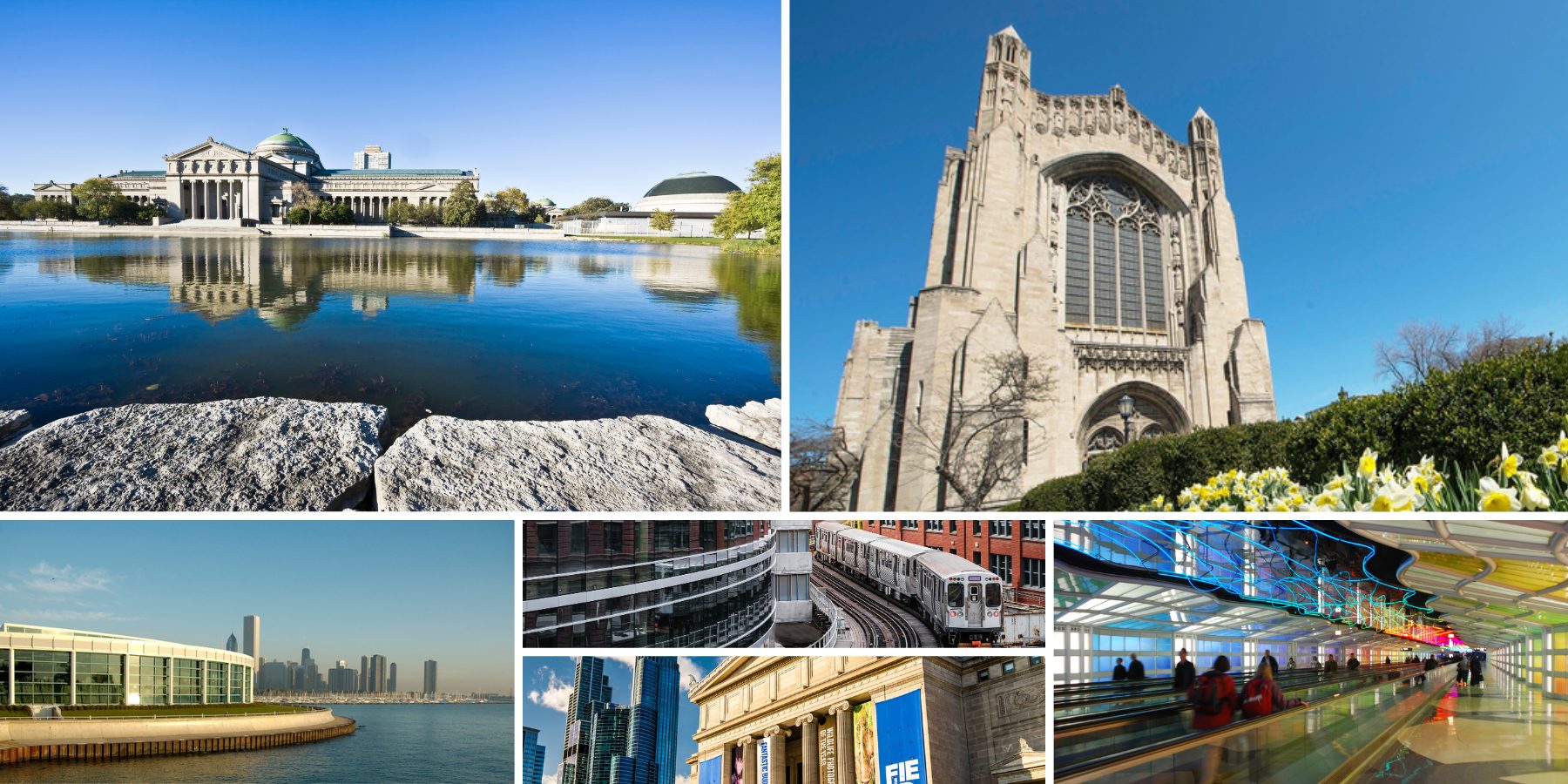 Top from left to right: Museum of Science and Industry, Rockefeller Chapel Bottom from left to right: Shedd Aquarium, CTA elevated train, Below: The Field Museum, tunnel at O'Hare Airport